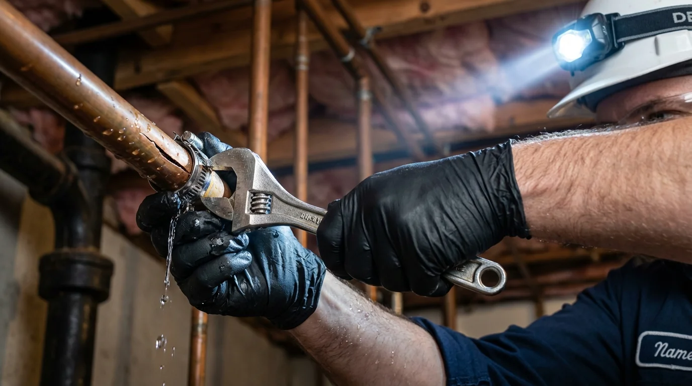 Emergency pipe clamp repair being performed by a Johns Plumbing LLC plumber in Crawfordville