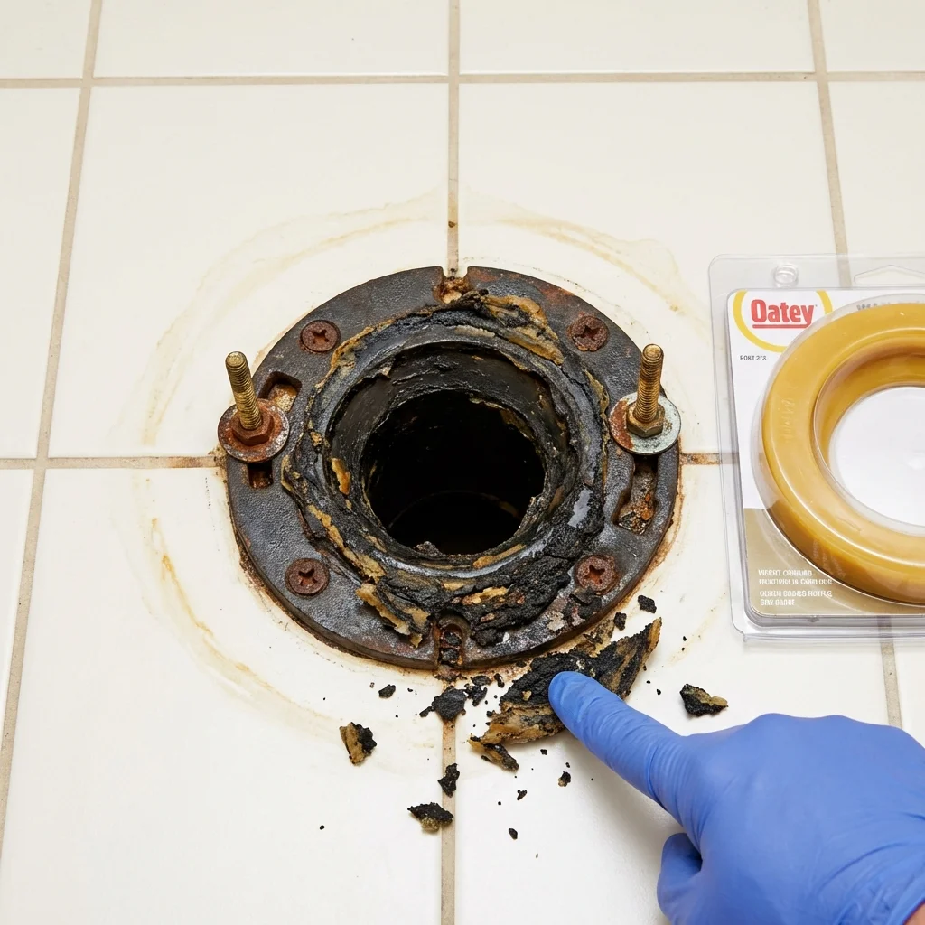 Failed wax ring showing water seepage at the base of a toilet in a Crawfordville, GA home