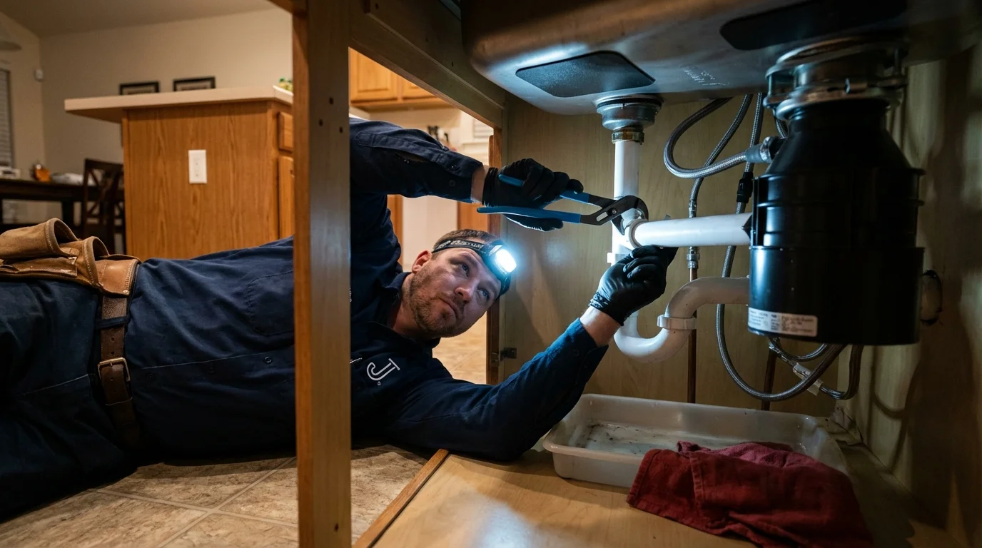 P-trap and supply line connections under a kitchen sink showing a common leak point in Crawfordville, GA
